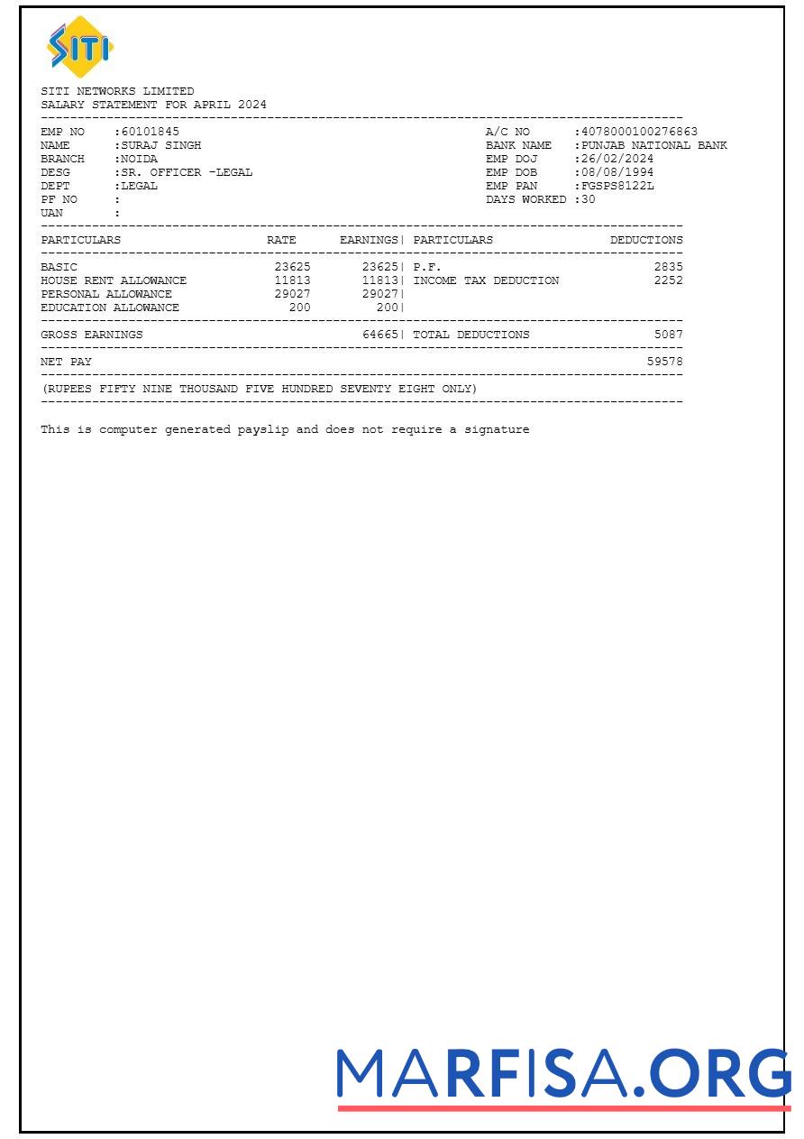 Downloadable Siti Networks payslip template